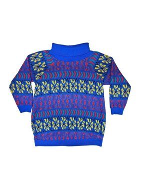 Vintage 1980s Sweater Abstract Marian Sue Colorful Knit Medium Blue Turtleneck